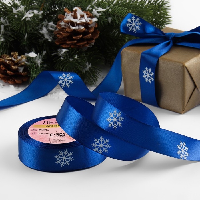 Новый год! Лента атласная «Снежинки», 25 мм, 23 ± 1 м, цвет синий/белый №122 Новый год! Лента атласная «Снежинки», 25 мм, 23 ± 1 м, цвет синий/белый №122