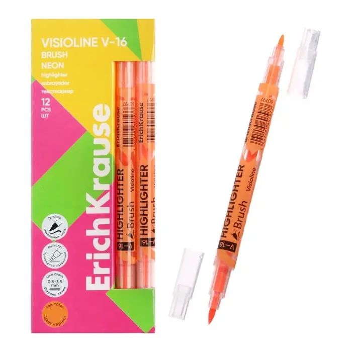 Маркер текстовыделитель 0.5-3.5 мм ErichKrause Visioline V-16 Brush Neon, двухсторонний, оранжевый неон, чернила на водной основе Маркер текстовыделитель 0.5-3.5 мм ErichKrause Visioline V-16 Brush Neon, двухсторонний, оранжевый неон, чернила на водной основе