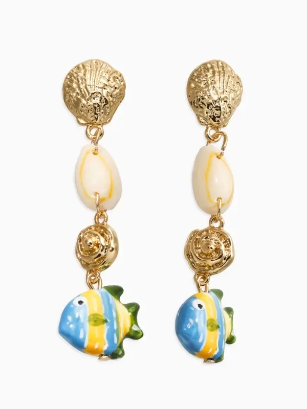 Серьги &laquo;Морской мир&raquo;, рыбы с ракушками, бело-зелёные в золоте