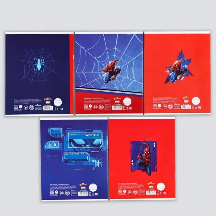 Тетрадь в линейку 12 листов, 5 видов МИКС, обложка мелованный картон, &laquo;Человек-паук&raquo;
