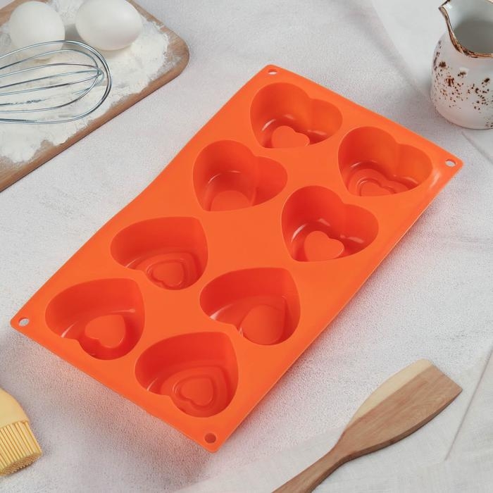 Форма для выпечки Доляна «Сердцебиение», силикон, 30×17,5 см, 8 ячеек (7×6,5 см), цвет МИКС