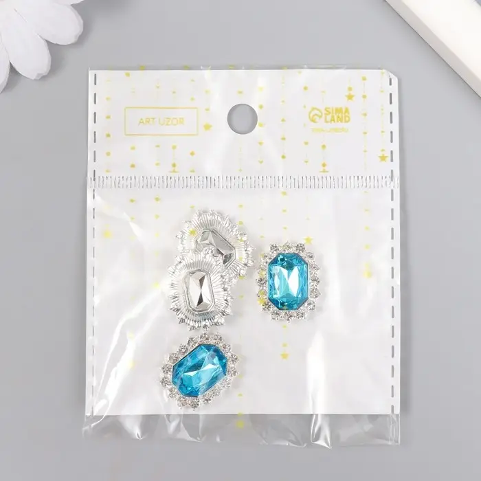 Декор для творчества металл "Медальон восьмиугольный" голубой кристалл стразы 2х1,5 см