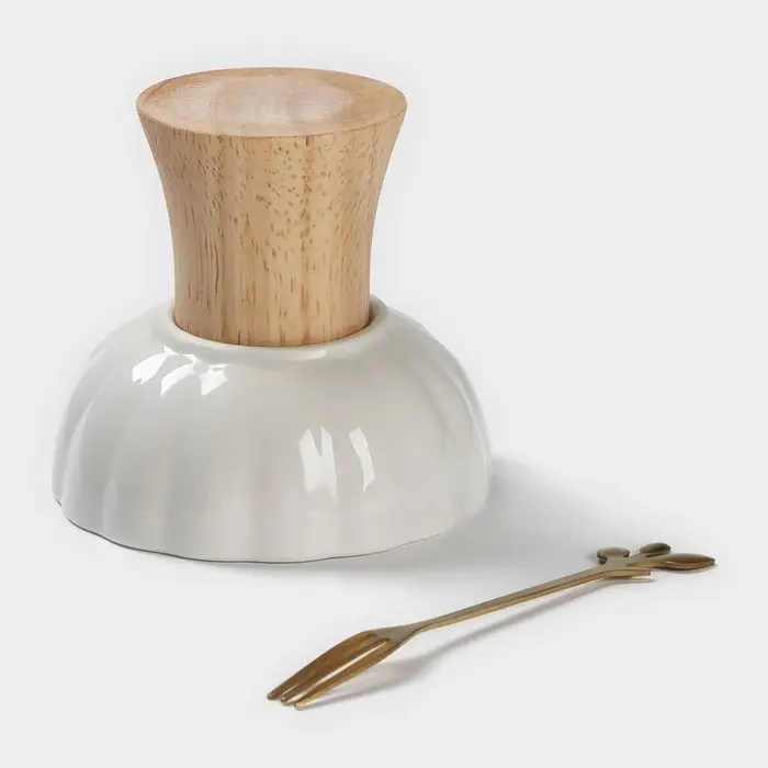 Креманка, 150 мл, d=10 см, с вилкой h=13 см, керамика, бамбук, белая