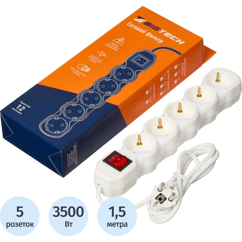 Сетевой фильтр BigTech ST516-1,5-W(5р/1,5м/16А/3,5кВт/3х1 мм2/белый)