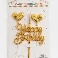 Топпер для торта Happy Birthday, золотой с сердечками и свечкой
