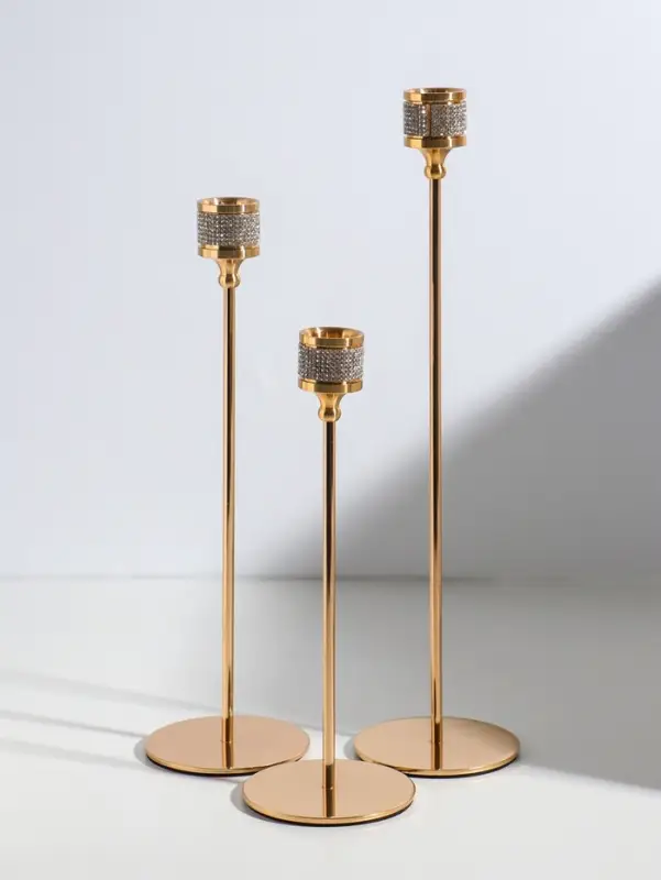 Подсвечник металл "Кольцо из страз" d=2,2 см набор 3 шт золото h=22, 27, 32 см