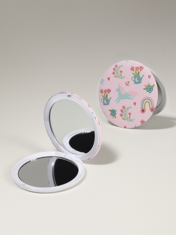 Зеркало складное «Единороги», d = 7,3 см, с увеличением, цвет розовый