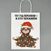 Пакет бумажный подарочный новогодний крафт, &laquo;Тот год пережили и этот переживем&raquo;, 27&times;21&times;11 см