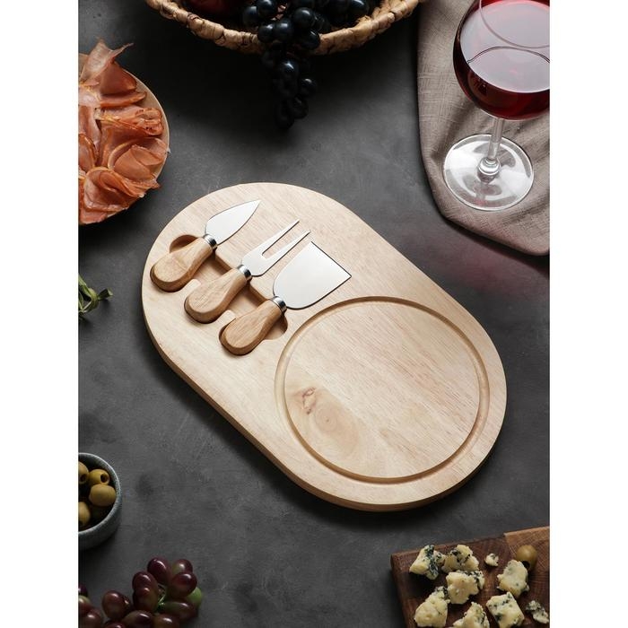 Набор для подачи сыра, доска из дуба Доляна 32,5×20,5×1,5 см, 3 ножа для сыра Набор для подачи сыра, доска из дуба Доляна 32,5×20,5×1,5 см, 3 ножа для сыра