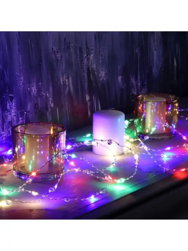 Гирлянда &laquo;Нить&raquo; 5 м, роса с насадками &laquo;Сияние&raquo;, IP20, серебристая нить, 50 LED, от батареек АА&times;3, свечение RGB