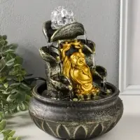 Фонтан настольный от сети, подсветка "Хотей с двумя слитками золота" 16х16х20 см