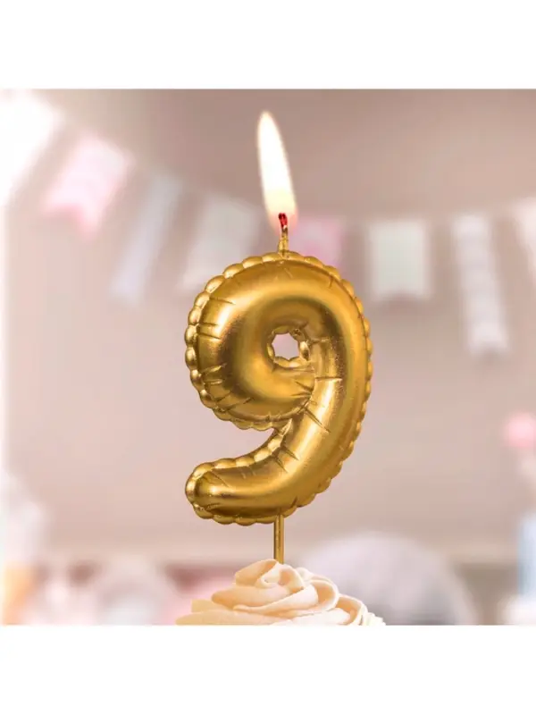 Свеча в торт на шпажке "Воздушая цифра", цифра "9", золото