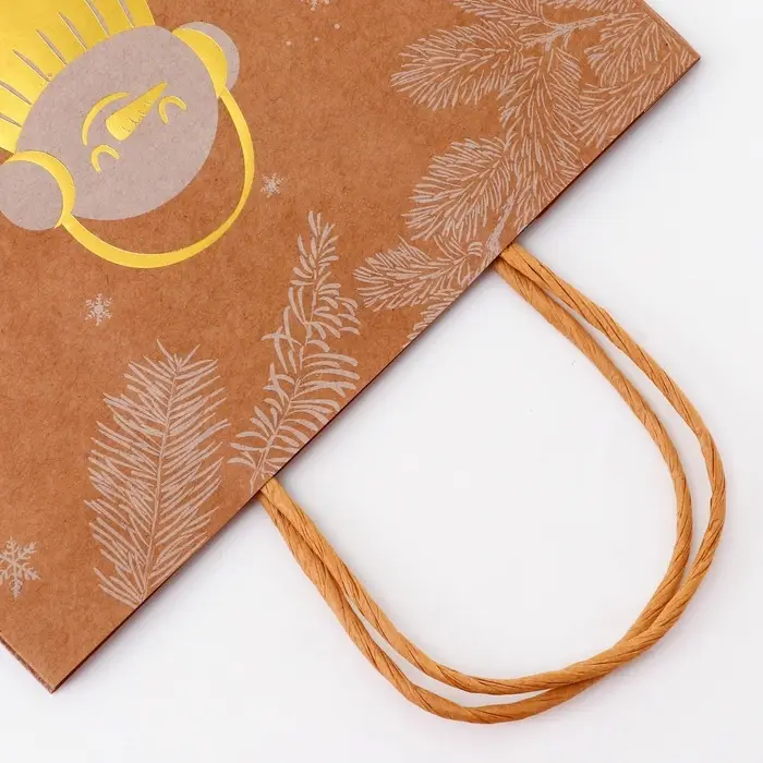 Пакет крафт с золотым тиснением, Пакет крафт с золотым тиснением, "Снеговик" круглая ручка, 21 х 27 х 11 см, 120 г