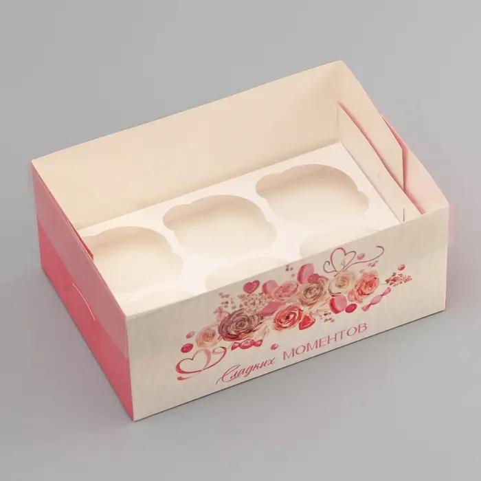 Коробка для 6 капкейков с прозрачной крышкой, &laquo;Сладких моментов&raquo;, 23&times;16&times;10 см