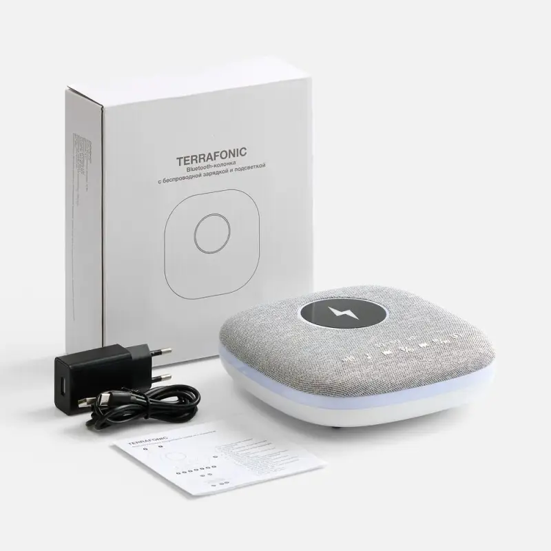 Bluetooth-колонка с беспроводной зарядкой и подсветкой Terrafonic, серая Bluetooth-колонка с беспроводной зарядкой и подсветкой Terrafonic, серая