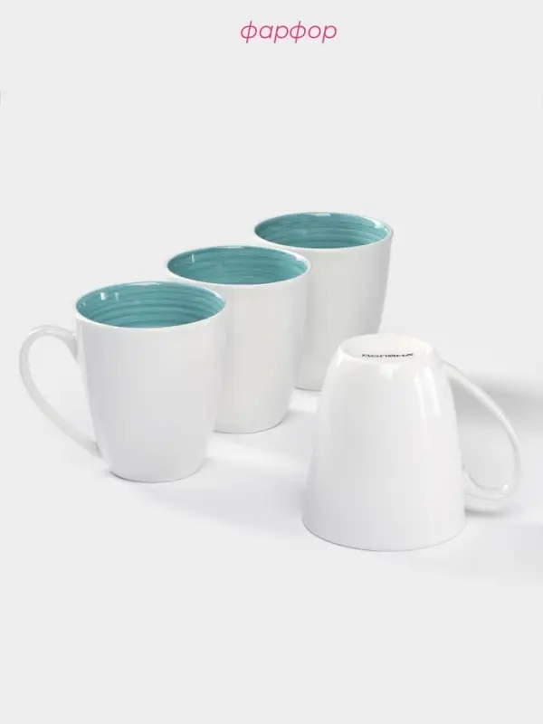 Кружки Доляна &laquo;Палитра&raquo;, 350 мл, 4 шт., фарфор, белые, бирюзовые
