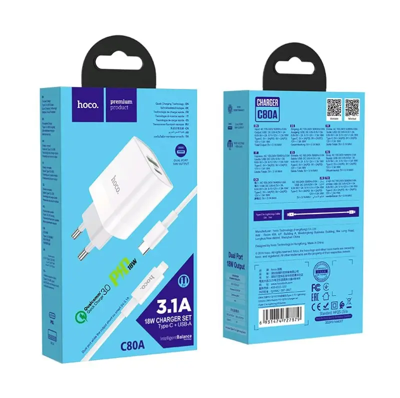 Сетевое зарядное устройство с кабелем Type-C на Lightning PD20W + USB QC3.0 C80A HOCO белое