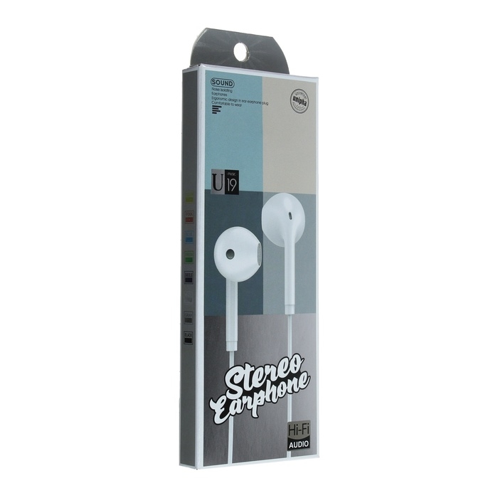 Наушники U19, проводные, вкладыши, 1 м, Jack 3.5 мм, белые Наушники U19, проводные, вкладыши, 1 м, Jack 3.5 мм, белые
