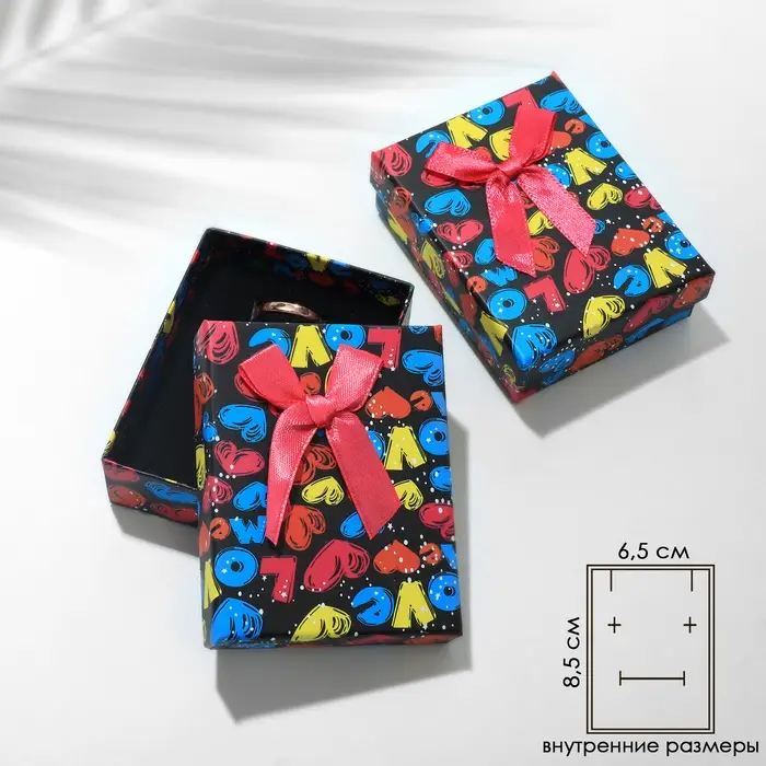 Коробочка подарочная под серьги/кулон/кольцо «Микс сердечек», 7×9, цветная, вставка чёрная