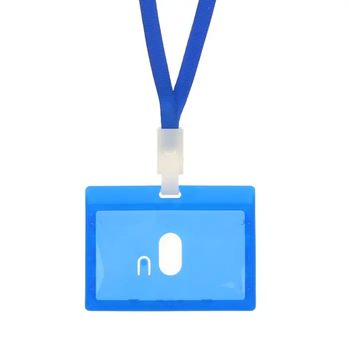Бейдж - карман горизонтальный, внешний размер 100&times;74 мм, внутренний размер 90&times;54 мм, с синей лентой, жёсткокаркасный, синий