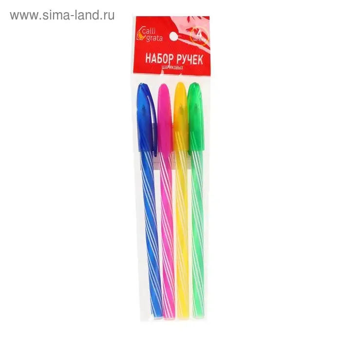 Набор ручек шариковых, 0.5 мм, 4 штуки Набор ручек шариковых, 0.5 мм, 4 штуки "Спираль", стержень синий, флуоресцентный корпус, МИКС