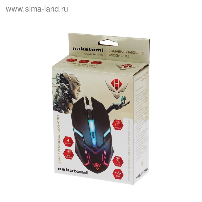 Мышь Nakatomi MOG-03U Gaming, игровая, проводная, 4 кнопки, подсветка, 1600 dpi, USB, чёрная Мышь Nakatomi MOG-03U Gaming, игровая, проводная, 4 кнопки, подсветка, 1600 dpi, USB, чёрная