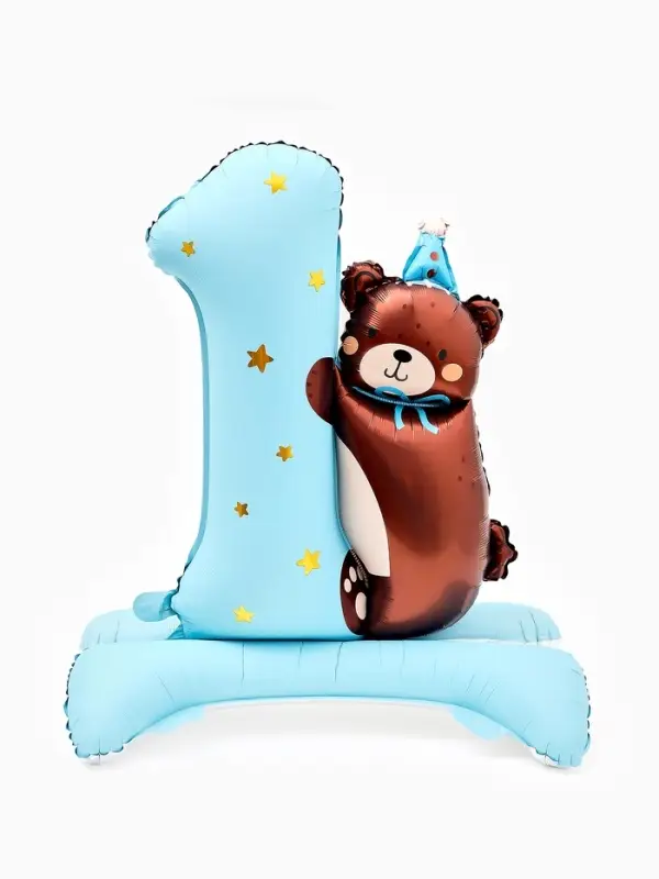 Воздушный шар фольгированный 32" "Цифра 1 с мишкой"  цвет голубой, под воздух
