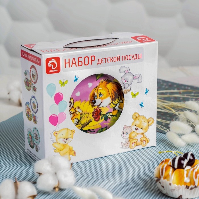 Набор детской посуды из керамики Доляна «Дружба», 3 предмета: кружка 230 мл, миска 400 мл, тарелка d=18 см, цвет белый Набор детской посуды из керамики Доляна «Дружба», 3 предмета: кружка 230 мл, миска 400 мл, тарелка d=18 см, цвет белый