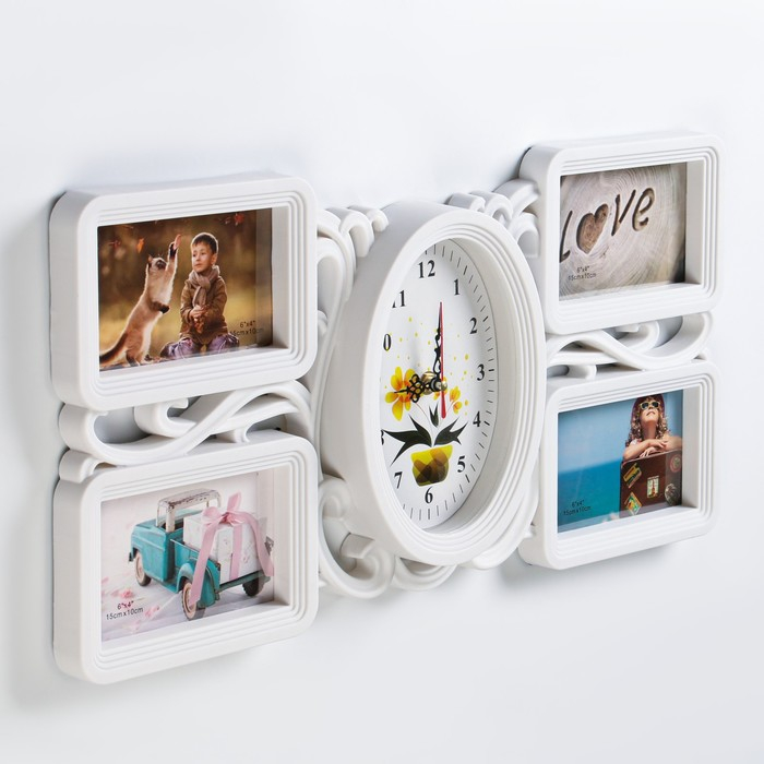 Часы настенные интерьерные, фоторамка - коллаж Часы настенные интерьерные, фоторамка - коллаж "Цветок", бесшумные, 52 х 26 см, d-11 х 17 см
