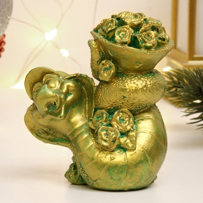 Новый год. Символ 2025. Фигура Новый год. Символ 2025. Фигура "Змея с цветами" зеленый с позолотой, 7х7х5см