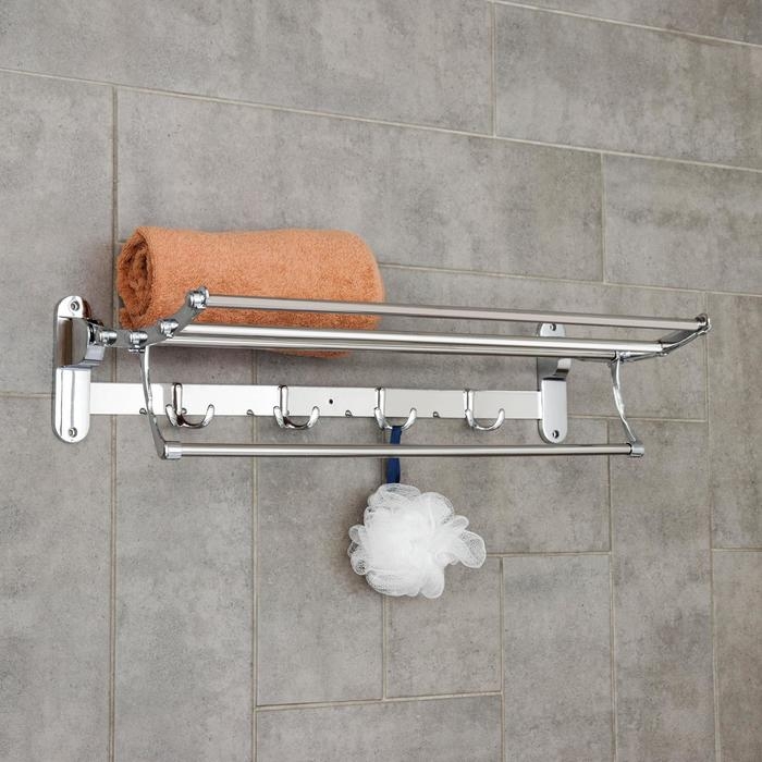 Полка откидная с держателем полотенец, 4 двойных крючка, 59,5×26×14 см, цвет хром Полка откидная с держателем полотенец, 4 двойных крючка, 59,5×26×14 см, цвет хром