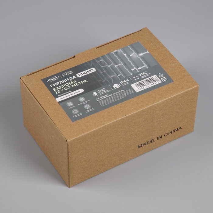 Гирлянда «Бахрома» 12 × 0.7 м, IP44, УМС, белая нить, 240 LED, свечение белое, мерцание, 220 В