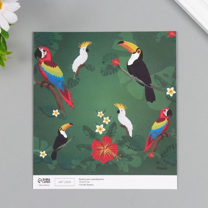 Бумага для скрапбукинга двусторонняя Бумага для скрапбукинга двусторонняя "Попугаи, фламинго и зебры" плотность 180 гр набор 10 шт 15,5х1
