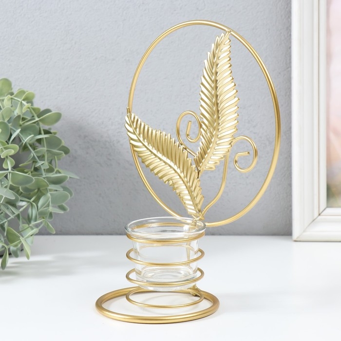 Подсвечник металл на 1 свечу  Подсвечник металл на 1 свечу "Золотые листья в круге" d=4,5 см золото 16х9,5х21 см