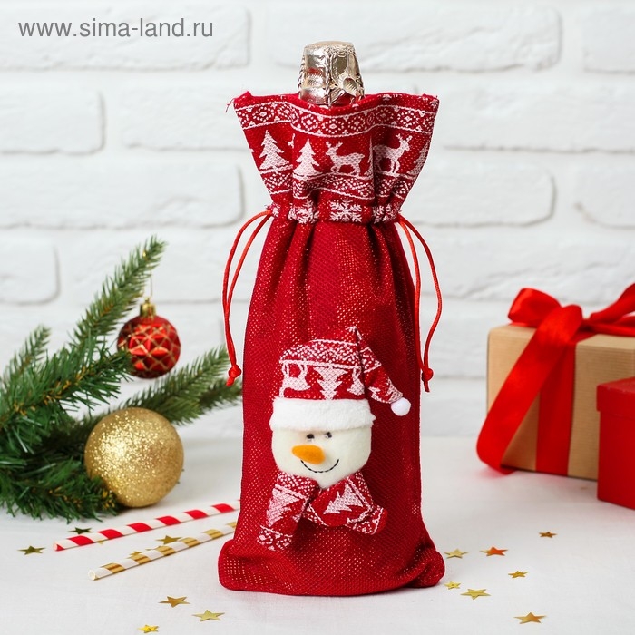 Чехол на бутылку «Снеговик колпак и шарф с рисунком» на завязках Чехол на бутылку «Снеговик колпак и шарф с рисунком» на завязках