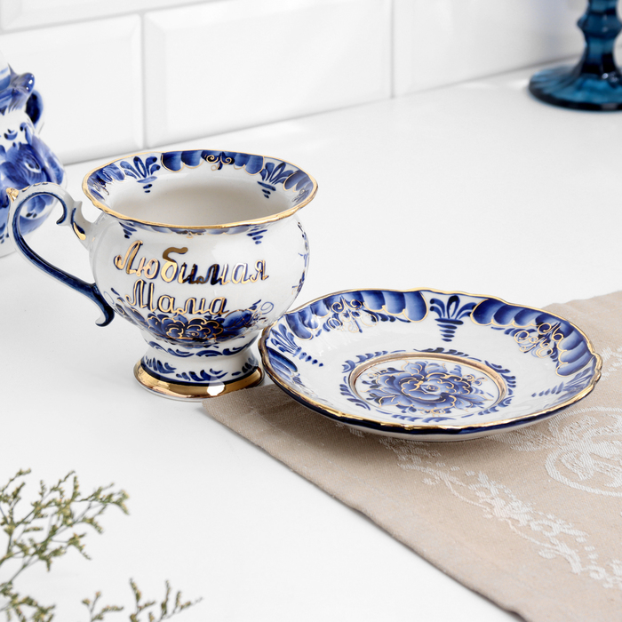 Чайная пара Чайная пара "Грация" , золото, (Любимая Мама), 300 мл, гжель