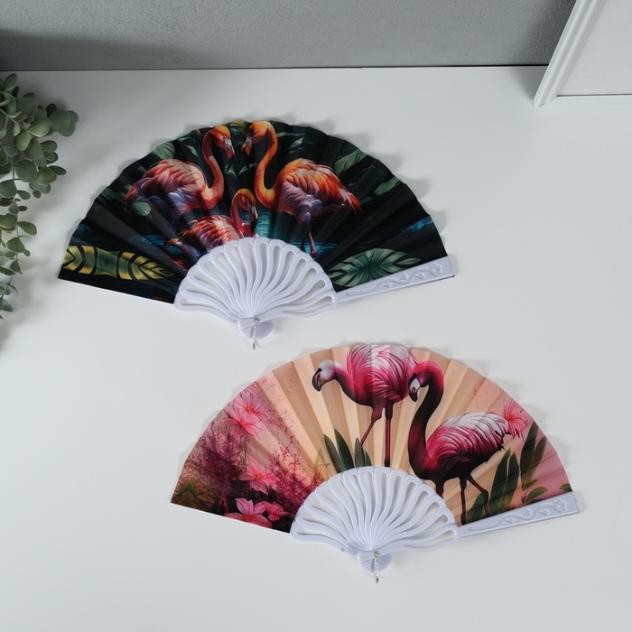 Веер пластик, текстиль  Веер пластик, текстиль "Розовый фламинго" МИКС 23 см