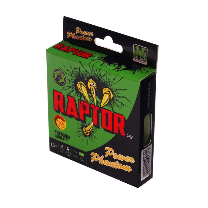 Шнур Power Phantom Raptor X4 PE, флуоресцентный зеленый № 1.5, диаметр 0.2 мм, тест 15.4 кг, 135 м Шнур Power Phantom Raptor X4 PE, флуоресцентный зеленый № 1.5, диаметр 0.2 мм, тест 15.4 кг, 135 м