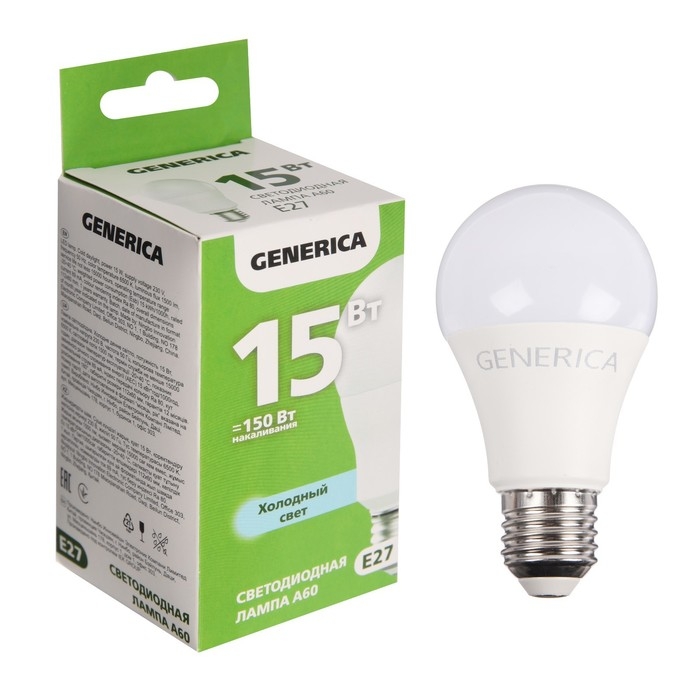 Лампа светодиодная GENERICA A60, 15 Вт, груша, 6500 К, E27, 230 В, LL-A60-15-230-65-E27-G Лампа светодиодная GENERICA A60, 15 Вт, груша, 6500 К, E27, 230 В, LL-A60-15-230-65-E27-G