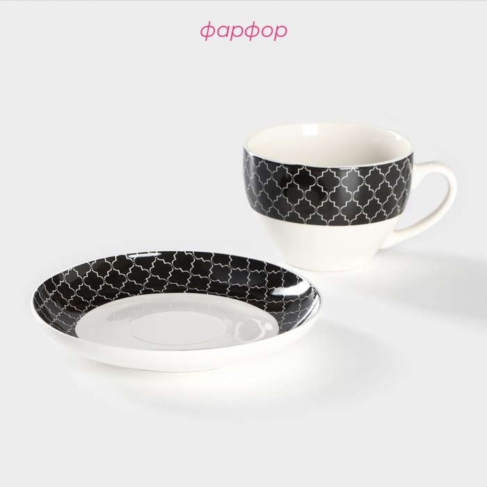 Чайная пара фарфоровая Доляна «Марокко», 2 предмета: чашка 280 мл, блюдце d=15 см, цвет белый и чёрный Чайная пара фарфоровая Доляна «Марокко», 2 предмета: чашка 280 мл, блюдце d=15 см, цвет белый и чёрный