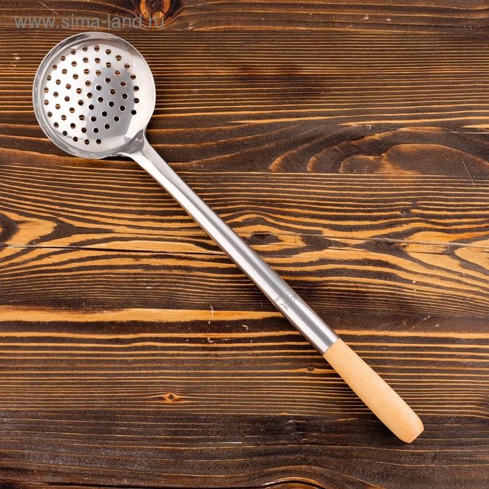 Шумовка для казана узбекская 47см, диаметр 12см, светлая деревянная ручка Шумовка для казана узбекская 47см, диаметр 12см, светлая деревянная ручка