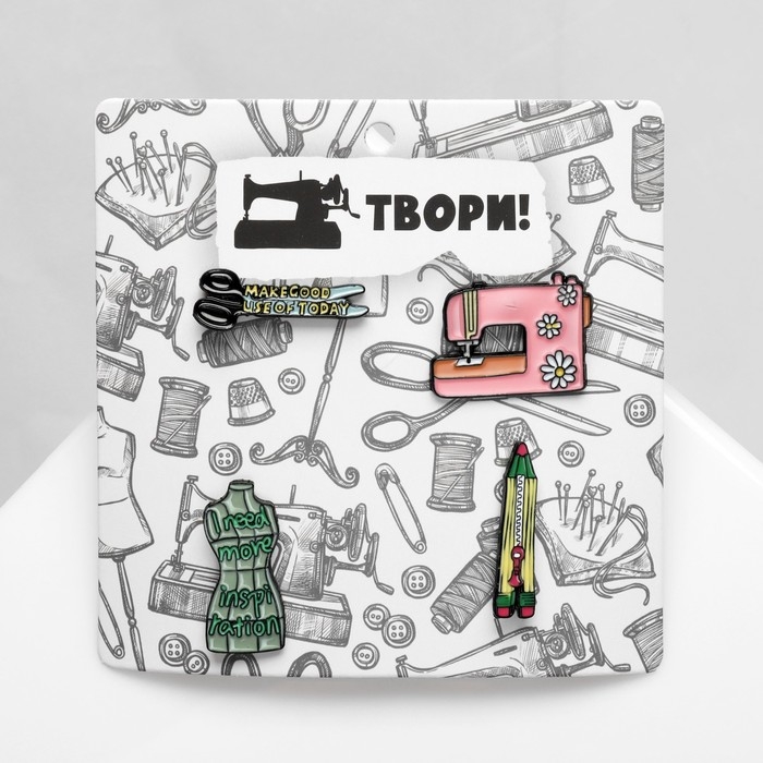 Набор значков (4 шт.) «Швея», цветной в чёрном металле Набор значков (4 шт.) «Швея», цветной в чёрном металле