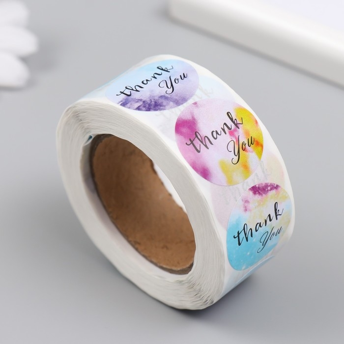 Наклейка бумага "Нежный туман. Спасибо" d=2,5 см 500 шт в рулоне