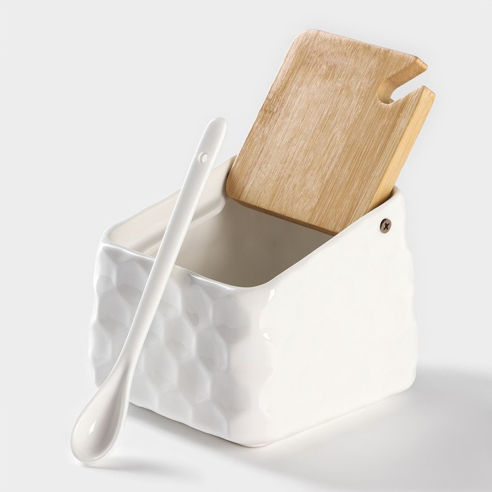 Банка для хранения сыпучих продуктов с ложкой BellaTenero, 750 мл, 14,5×11 см, с бамбуковой крышкой, фарфоровые, цвет белый