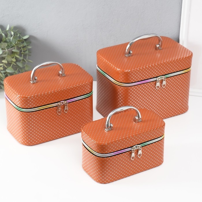 Шкатулка кожзам с зеркалом Шкатулка кожзам с зеркалом "Ромбы" охра набор 3 шт 19х10,5х10,5 21х13х14 15х23х17 см