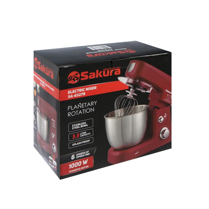 Миксер Sakura SA-6327R, планетарный, 1000 Вт, 3.5 л, 6 скоростей, 3 насадки, красный Миксер Sakura SA-6327R, планетарный, 1000 Вт, 3.5 л, 6 скоростей, 3 насадки, красный
