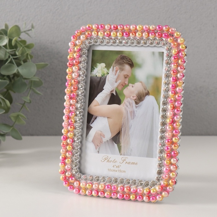 Фоторамка пластик 10х15 см Фоторамка пластик 10х15 см "Розово-жёлтый жемчуг, стразы" закруглённые углы 1,8х12,5х17,5 см 10527