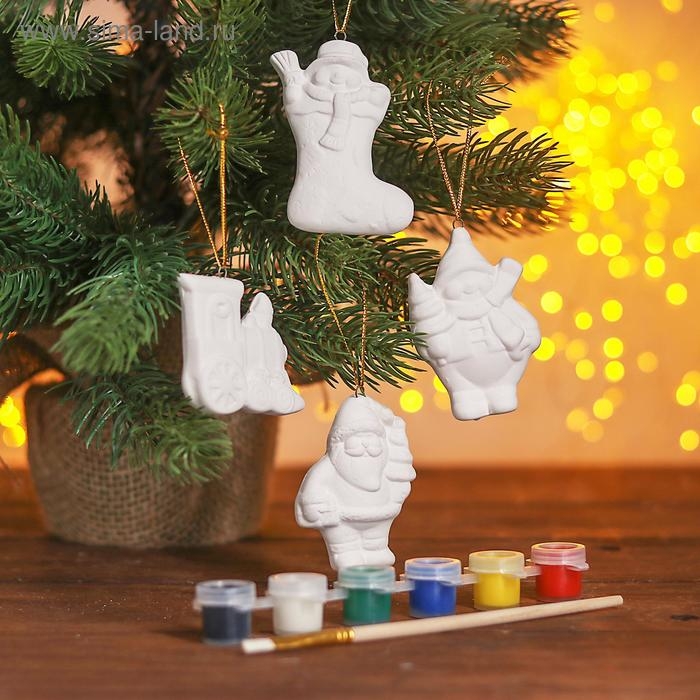 Набор ёлочных украшений под раскраску 4 шт. «Прелесть» с подвесом, краска 6 цв. по 2 мл, кисть Набор ёлочных украшений под раскраску 4 шт. «Прелесть» с подвесом, краска 6 цв. по 2 мл, кисть