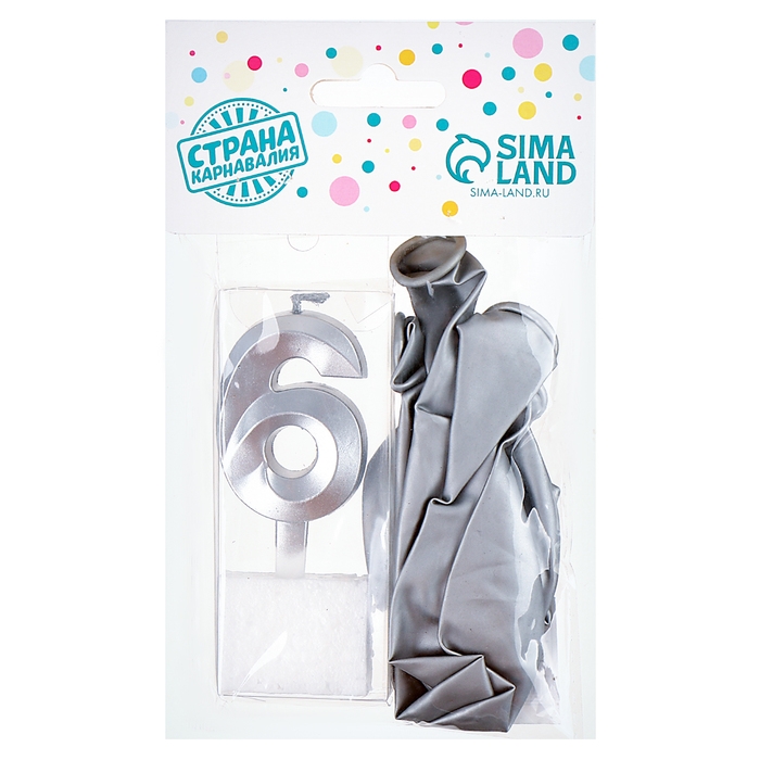 Свечи для торта + 5 шаров, цифра 6, серебро Свечи для торта + 5 шаров, цифра 6, серебро