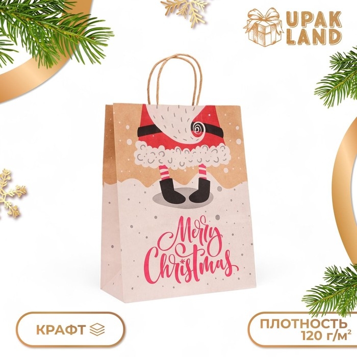 Новый год. Пакет бумажный подарочный новогодний крафт Новый год. Пакет бумажный подарочный новогодний крафт "С Новым Годом", 33 × 26 × 12 см.